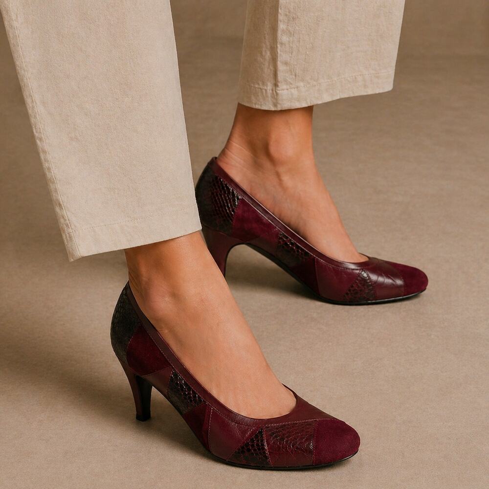 Vintage Jasmine Burgundy Leather Heels Snakeskin Suede 7.5
